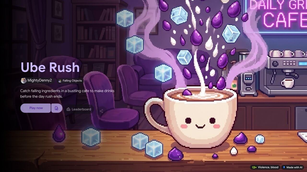 Playground 里由提示词生成的像素风游戏 Ube Rush，页面上有 Play now 与 Leaderboard 按钮，右下角标注 Made with AI