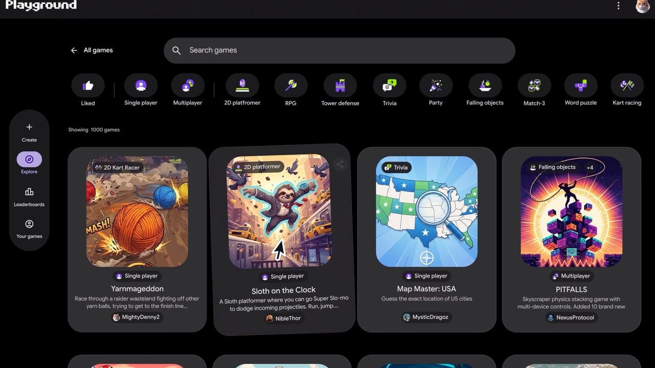 Playground 的 Explore 画廊，可按单人/多人、2D platformer、RPG 等类型筛选，页面显示共有 1000 个游戏