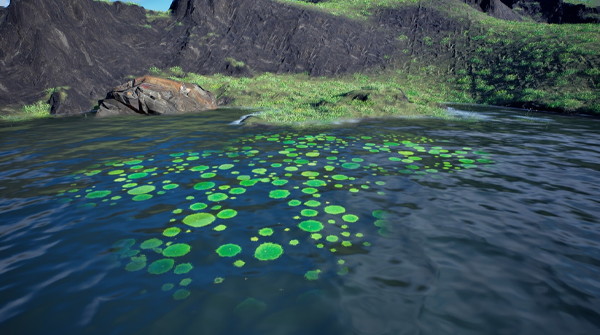 UE5 渲染的高斯泼溅实景场景:池塘水面上漂浮着成片绿色水生植物,岸边是深色岩壁与草地,水面与植被的细节还原度接近实拍